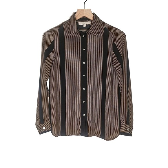 Loft Women's Striped Brown Black Blouse XSP Extra Small Petite - Picture 1 of 8